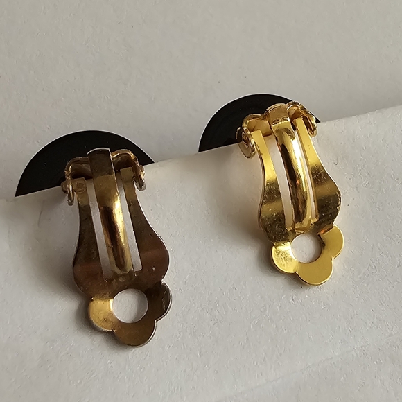 Vintage earrings black oval clip on gold tone - Picture 5 of 10